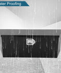Heavy Duty 35 Inch Black Powder Coated Steel Truck Tool Box With Waterproof Drip Lid And Secure Lock shown in rain, highlighting waterproof feature.