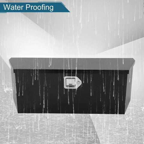 Heavy Duty 35 Inch Black Powder Coated Steel Truck Tool Box With Waterproof Drip Lid And Secure Lock shown in rain, highlighting waterproof feature.