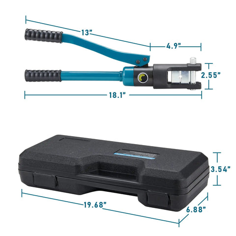 Beefy 16 Ton Hydraulic Crimping Tool For 9 AWG To 600 MCM Copper And Aluminum Wires with case, dimensions labeled.