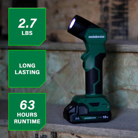 18V MultiVolt Cordless LED Flashlight With 250 Lumens High, shown upright with 2.7 lbs weight and 63 hours runtime details visible.