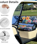 Tropical Flower Golf Cart Seat Cover Set Front And Rear With Breathable Fabric shown on golf cart, featuring stretchable material.