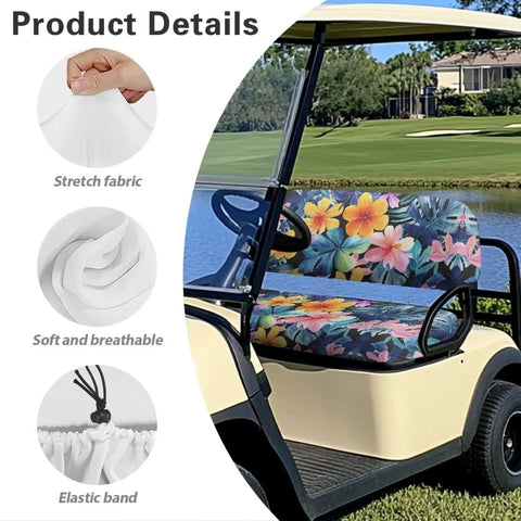 Tropical Flower Golf Cart Seat Cover Set Front And Rear With Breathable Fabric shown on golf cart, featuring stretchable material.