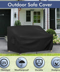 Waterproof Patio Loveseat Cover For 2 Seater Outdoor Furniture in black shown on patio, fits 54W x 37D x 35H inches with air vent.