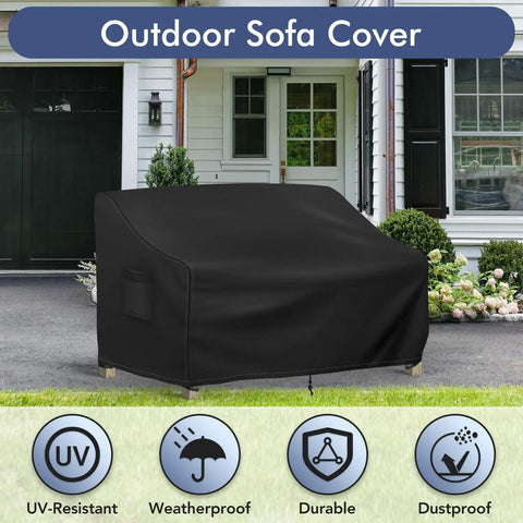 Waterproof Patio Loveseat Cover For 2 Seater Outdoor Furniture in black shown on patio, fits 54W x 37D x 35H inches with air vent.