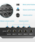 Front panel of Gig Ready 4 Channel Stereo Audio Mixer USB Powered 5V Ultra Low Noise with labeled inputs and controls