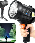 Beast Bright Handheld LED Spotlight 12000mAh Rechargeable showcased with light modes, ergonomic grip, and outdoor demonstration scene.