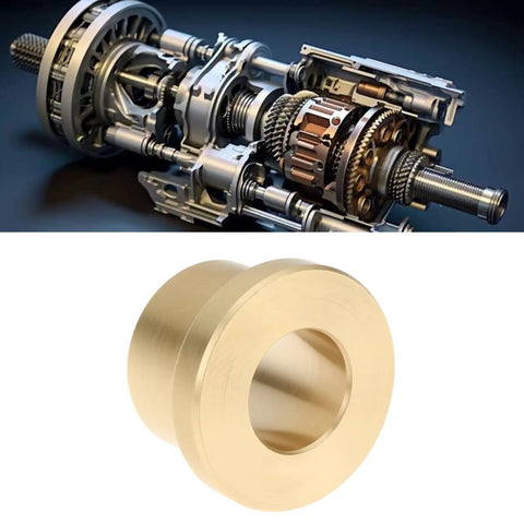 Four Pack Brass Flanged Sleeve Bearings with Three Eighths Inch Bore, Five Eighths Inch Outer Diameter, half inch length, shown with machinery