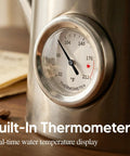 Close-up of built-in thermometer on Gooseneck Electric Kettle With Thermometer, 1 Liter, 304 Stainless Steel, Auto Shut Off