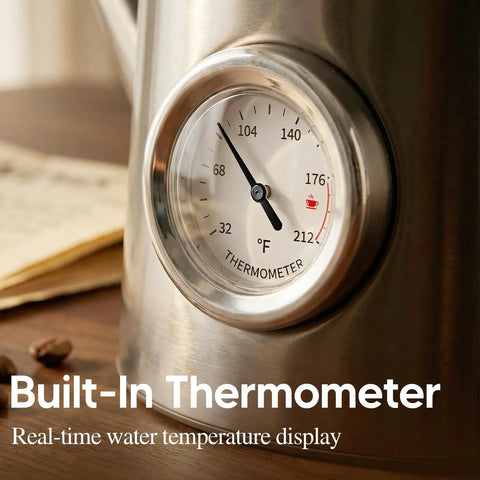 Close-up of built-in thermometer on Gooseneck Electric Kettle With Thermometer, 1 Liter, 304 Stainless Steel, Auto Shut Off