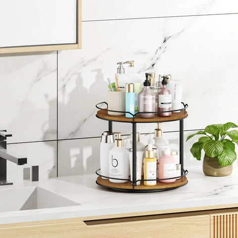 12.4 Inch Two Tier Lazy Susan Organizer Rotating Wooden Spice Rack For Inside Cabinets Pantry Kitchen Countertop Bathroom Vanity Versatile Storage Solution displaying toiletries on bathroom vanity