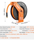 Kickass Retractable Air Hose Reel Auto Rewind 1/2 In X 50 Ft Hybrid Polymer Air Hose Max 300 Psi side view with dimensions.