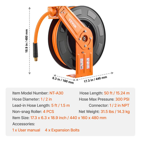 Kickass Retractable Air Hose Reel Auto Rewind 1/2 In X 50 Ft Hybrid Polymer Air Hose Max 300 Psi side view with dimensions.