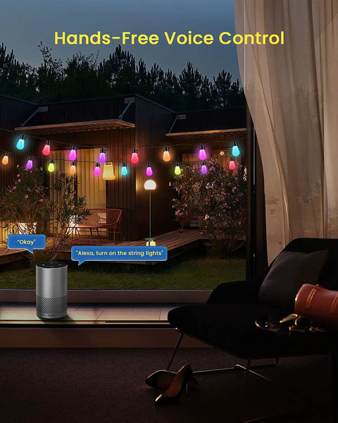Smart RGB Outdoor String Lights 96ft With Independent Bulb Color Control illuminating a patio via hands-free voice control