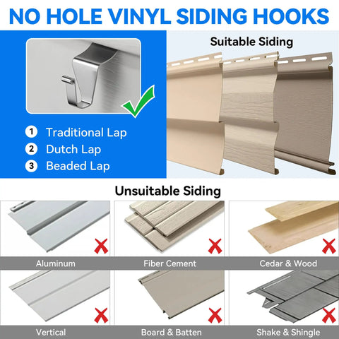 Vinyl Siding Hooks 4 Pack Heavy Duty No Drill Siding Clips for Outdoor Lighting, suitable for traditional, Dutch, and beaded lap.