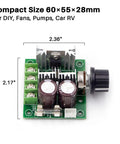 Beefy PWM DC Brushed Motor Speed Controller For 12V To 40V Systems, compact module with dimensions marked, top view.