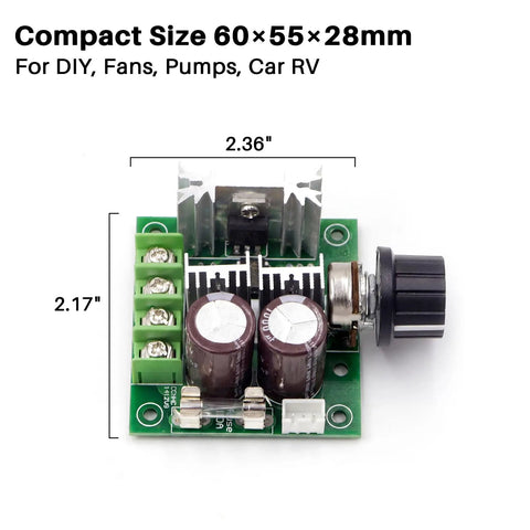 Beefy PWM DC Brushed Motor Speed Controller For 12V To 40V Systems, compact module with dimensions marked, top view.