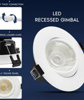 Four Inch Led Recessed Can Lights Featuring Glide Around Gimbal Head Five Daylight Choices Zero Hassle Dimmable Switches Rock Solid Construction Certified For Damp Zones Clean Matte White Cover.