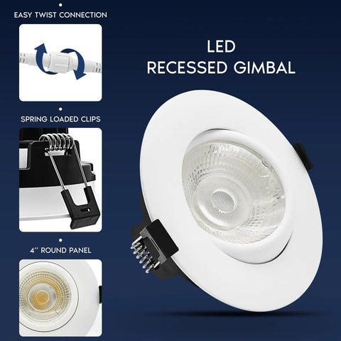 Four Inch Led Recessed Can Lights Featuring Glide Around Gimbal Head Five Daylight Choices Zero Hassle Dimmable Switches Rock Solid Construction Certified For Damp Zones Clean Matte White Cover.