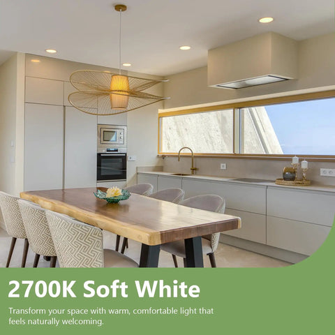 Modern kitchen with natural light, featuring wooden dining table and 2700K soft white LED lighting for warm ambiance.
