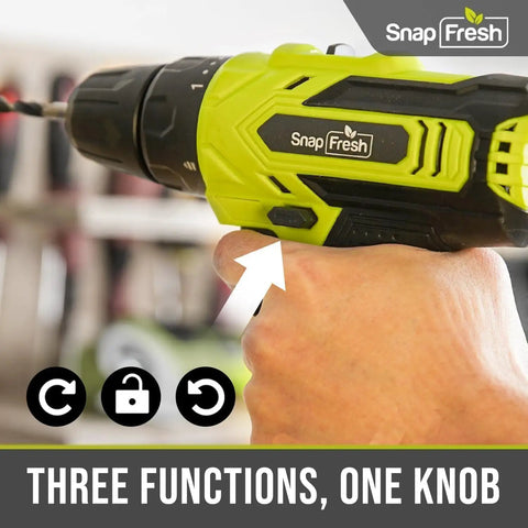Close-up of 20V Cordless Drill Set With 3 By 8 Inch Chuck All In One Dual Speed LED Light 43 Piece Bit Kit Impact Driver Included in use