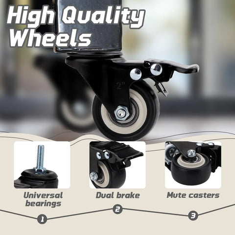 Dual Locking Casters Set Of Four Heavy Duty 330 Lbs Capacity With Five Sixteenth Inch Stem Diameter And One Inch Stem Length 360 Degree Swivel Wheels For Furniture Wire Shelving And Carts Secure Locking Mechanism Fits Standard American Sizing, showing wheel and brake close-up.