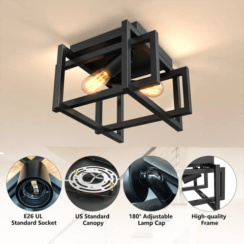 Close To Ceiling Square Black Industrial Farmhouse Light Fixture For Hallway Entryway Kitchen And Bedroom Dope Vintage Semi Flush Mount With Open Shade For Bright Dining Room Ambience showing design details like lamp cap and high-quality frame.