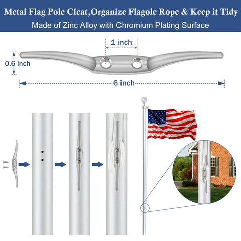 Heavy Duty Flagpole Hardware Repair Kit With 50 Ft Halyard Rope 3 Inch Ball Topper 6 Inch Zinc Cleat shown with flagpole cleat installation.