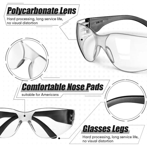 100 Pairs Clear Safety Glasses Bulk For Group Use In Lab And Workshop, close-up of polycarbonate lens and nose pads