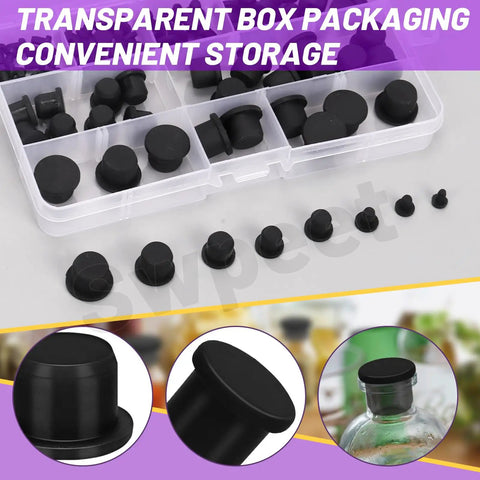 100 Piece Silicone Rubber Plug Kit In Seven Sizes with T Shaped Stopper in transparent box for sealing tubes