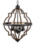 Six Light Rustic Farmhouse Chandelier With Walnut Wood Grain Metal Finish And Textured Black Accents, Modern Geometric Quatrefoil Globe Pendant Light For Dining Room Or Entryway, Hand-Painted Wood Look, Mid Century Style Dope Illumination