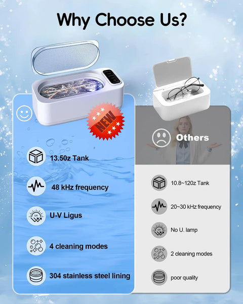 Infographic comparing 48KHz Ultrasonic Jewelry Cleaner Machine With Four Cleaning Modes to other models on blue background.