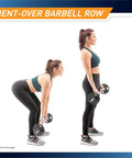 Woman demonstrating bent-over row with Standard Size Curl Bar And Dumbbell Handle Set With A 47 Inch Bar And 14 Inch Handles