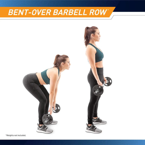 Woman demonstrating bent-over row with Standard Size Curl Bar And Dumbbell Handle Set With A 47 Inch Bar And 14 Inch Handles
