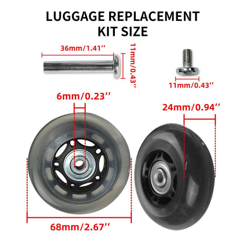 Heavy Duty Suitcase Wheels Replacement Set With Tough Rubber 360 Swivel Casters and precision bearings dimensions and components.