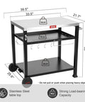 Image of Three Shelf Pizza Oven Table With Stainless Top And Rolling Outdoor Grill Cart Waterproof Cover Heavy Duty BBQ Prep Station For Patio And Deck Sturdy Mobile Prep Surface For Pizza Ovens Griddles And Backyard Grills with load capacities labeled for each shelf.
