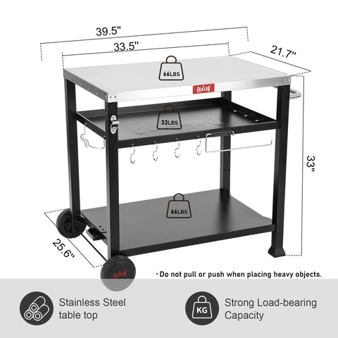 Image of Three Shelf Pizza Oven Table With Stainless Top And Rolling Outdoor Grill Cart Waterproof Cover Heavy Duty BBQ Prep Station For Patio And Deck Sturdy Mobile Prep Surface For Pizza Ovens Griddles And Backyard Grills with load capacities labeled for each shelf.