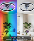 Slick Low Profile Ceiling Fan With Rgb Lights And Ultra Quiet Motor No Sweat Setup For Compact Rooms Black Flush Mount showing two color settings.