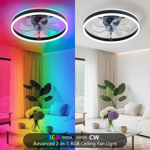 Slick Low Profile Ceiling Fan With Rgb Lights And Ultra Quiet Motor No Sweat Setup For Compact Rooms Black Flush Mount showing two color settings.