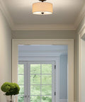 Addison 13 Inch Dope Modern Drum Semi Flush Mount Ceiling Light With Off White Fabric Drum Shade in hallway