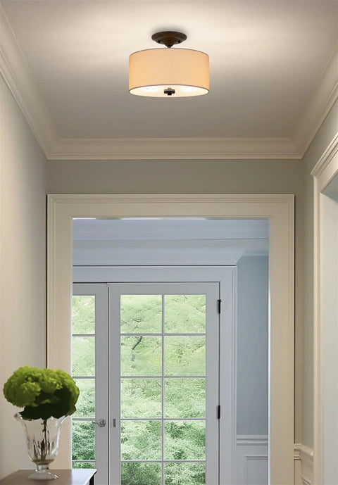 Addison 13 Inch Dope Modern Drum Semi Flush Mount Ceiling Light With Off White Fabric Drum Shade in hallway