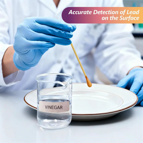 Lead test kit swabs in a lab; blue-gloved hands use a swab over a plate, beaker labeled VINEGAR.