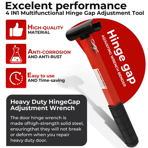 Heavy-duty 4 In 1 Hinge Gap Adjusting Wrench Kit for cabinets and furniture, red steel handle with ergonomic grip.
