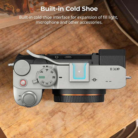 Top view of Sony Alpha 7C II camera with Thumb Grip For Sony Alpha 7C II 7CR 7C With Ergonomic Grip Built In Cold Shoe.