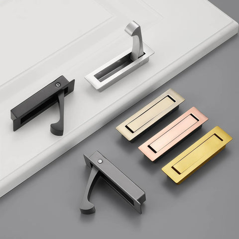 Sleek Two Pack Recessed Pocket Door Pulls With Zero Fuss Flush Mount Design And Comfortable Finger Groove For Seamless Sliding Interior Doors And Modern Home Furniture In Brushed Brass, shown with various colors.