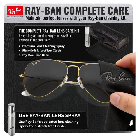 Ray-Ban cleaning kit with gold-framed sunglasses, microfiber cloth, and lens spray