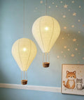 Two 16 Inch Handmade Hot Air Balloon Lamp Shades With Frame, White Fabric Hanging Lanterns in a kids room setting