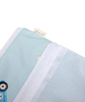 Close-up of wet dry bag for baby gear with dual compartments, featuring a blue fabric and white mesh zippered section.