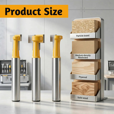Top Shelf Kickass Keyhole Router Bit Set Includes 3 Piece T Slot T Track Bits With One Quarter Inch Shank displayed with wood samples