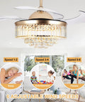 36 Inch Fandelier Ceiling Fan With Light Gold Dope Retractable Crystal Chandelier Style Reversible Blades Remote Control Dimmable LED Light Kit For Dining Room Living Room And Bedroom, displayed with wind speed options in a living room.