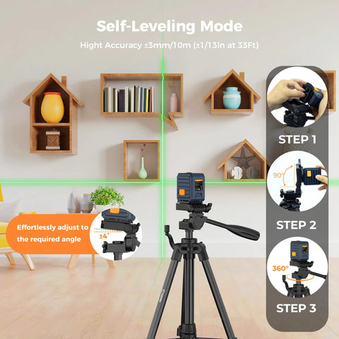 Laser Level With Tripod For DIY And Pro Jobs, Self Leveling Line Laser Reaches 100 Ft, Four Brightness Modes, 360 Degree Rotation, Adjustable 36.6 Inch Tripod For Floor Or Table Setup self-leveling mode on tripod in living room